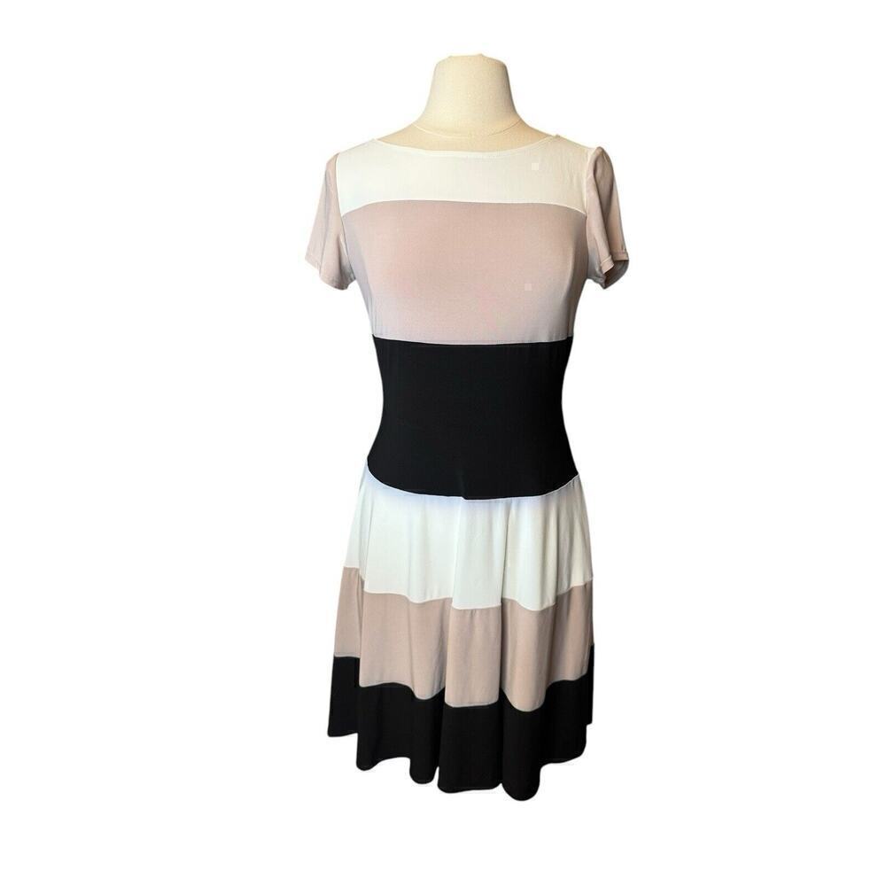 JULIAN TAYLOR Ivory Taupe Black Colorblock Stretch Dress Size 6 Neutral Capsule